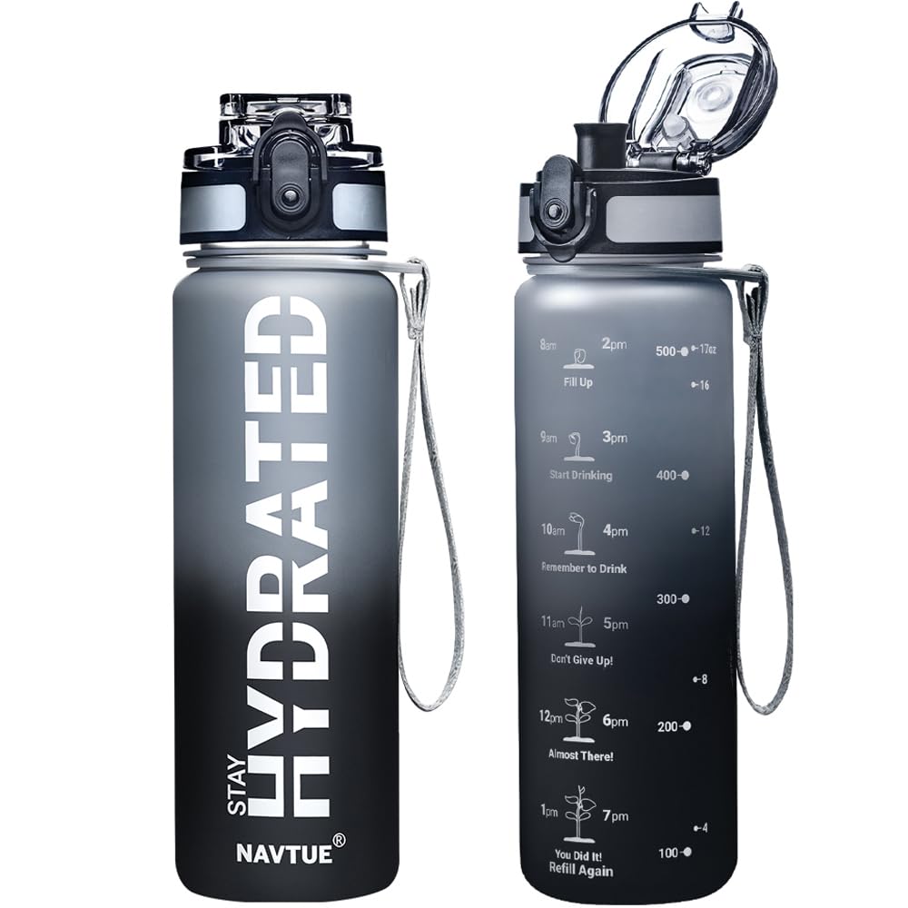 Water Bottle, 32oz Sports Water Bottles with Time Marker Wide Mouth, Motivational and Leakproof Drink Bottle, BPA Free Tritan with Carry Strap for Gym Fitness Outdoor (Direct Drink 1 Bottle)