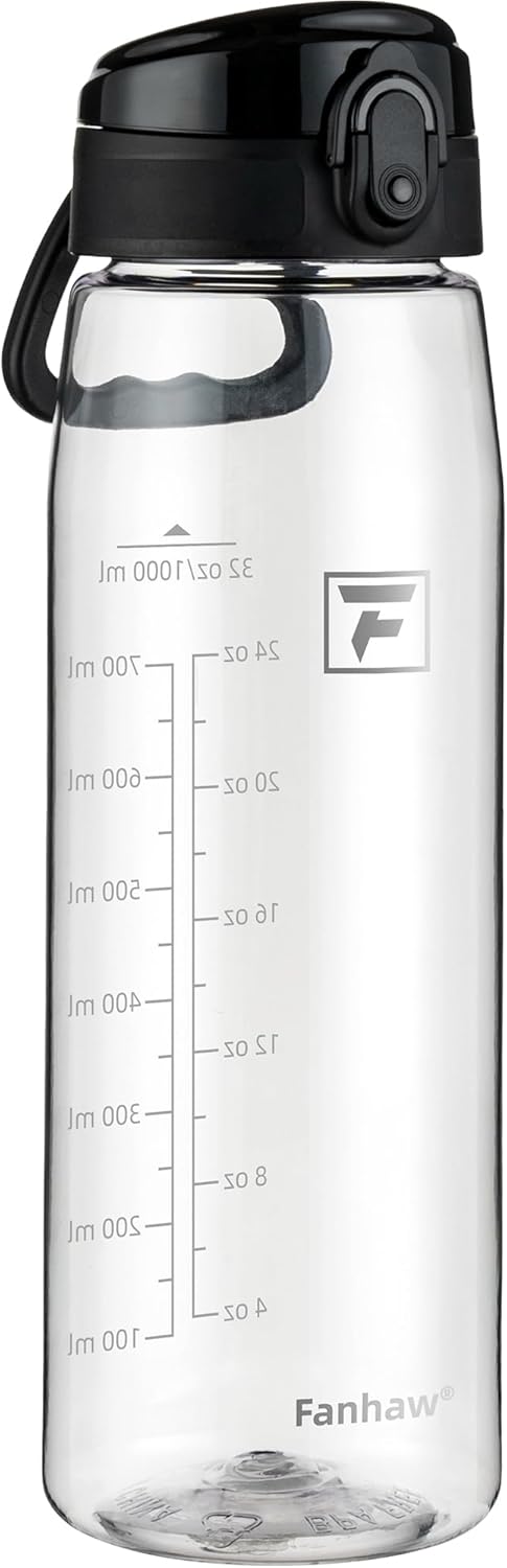 Fanhaw 32 oz Tritan Water Bottle with Chug Lid - Clear, BPA-Free, Lightweight, Wide Mouth, Leak-Proof, Perfect for Gym, Travel, School, Office, and Sports (Clear & Black)
