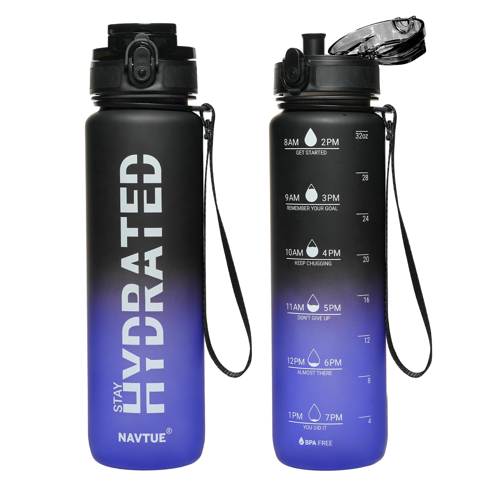 Water Bottle, 16OZ/ 500ML Sports Water Bottles with Time Marker Wide Mouth, Motivational and Leakproof Drink Bottle, BPA Free Tritan with Carry Strap for Gym Fitness Outdoor(1 Bottle)