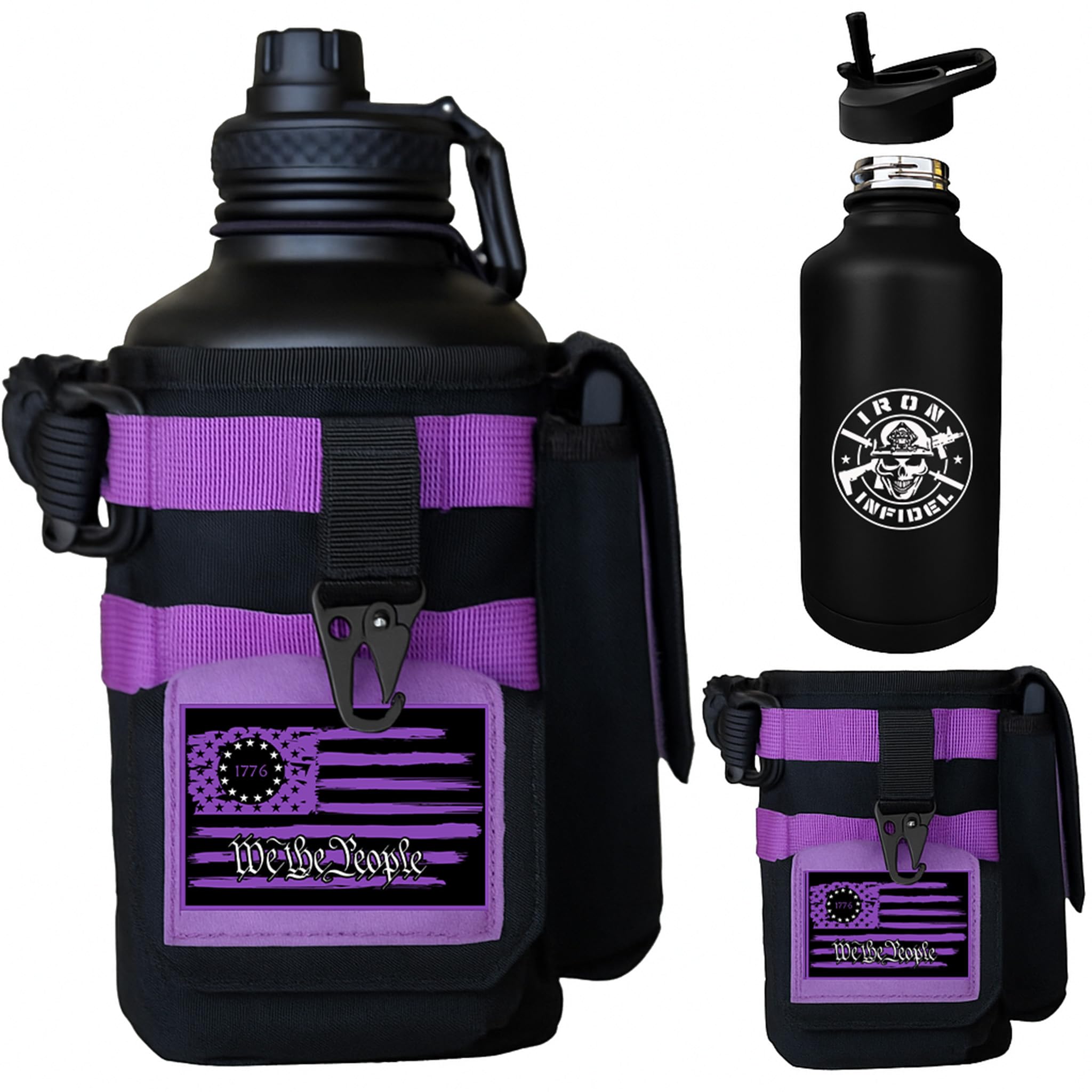 Iron Infidel Battle Bottle - One Gallon Insulated Water Bottle with Dual Carry Handles - 128 oz Tactical Stainless Steel Water Jug & Rugged Extra Large Sleeve with Storage (Black Camo 128 Ounces)