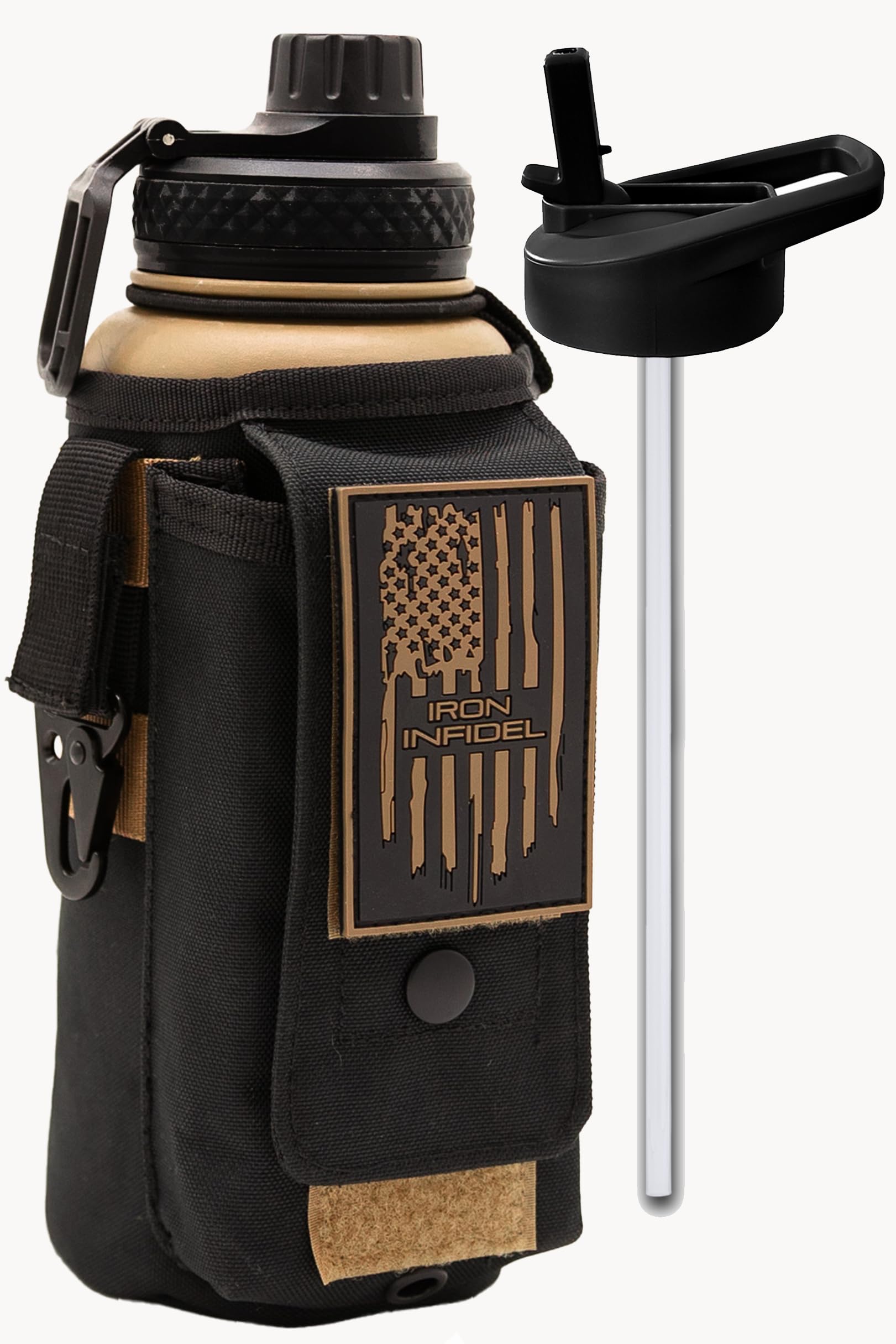 Iron Infidel Battle Bottle - One Gallon Insulated Water Bottle with Dual Carry Handles - 128 oz Tactical Stainless Steel Water Jug & Rugged Extra Large Sleeve with Storage (Black Camo 128 Ounces)