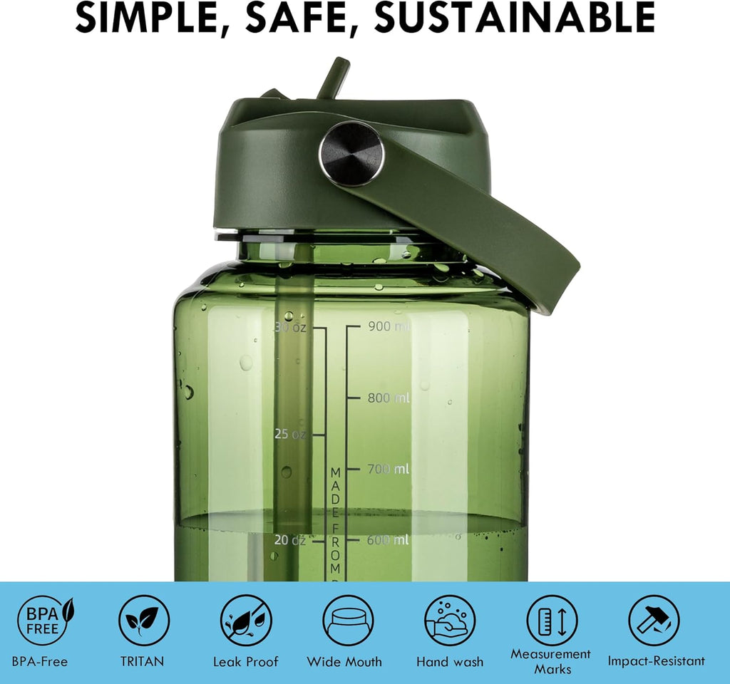 OLDLEY 32 oz Clear Water Bottle with Straw,Tritan BPA-Free, Wide Mouth, Leak Proof - for Gym, Travel, Home, School, Office (Army Green)