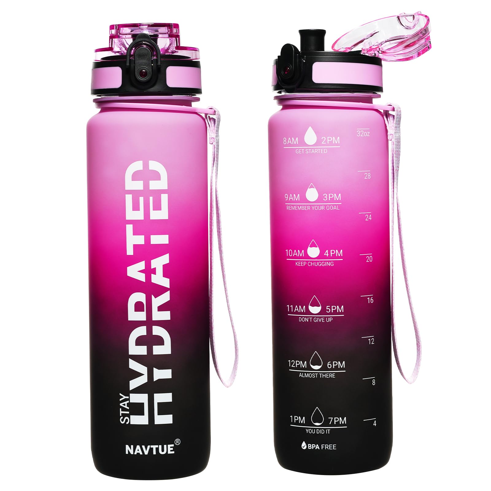 Water Bottle, 32oz Sports Water Bottles with Time Marker Wide Mouth, Motivational and Leakproof Drink Bottle, BPA Free Tritan with Carry Strap for Gym Fitness Outdoor (Direct Drink 1 Bottle)