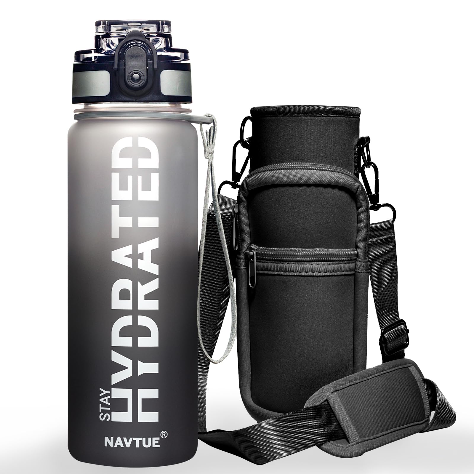 Water Bottle, 32oz Sports Water Bottles with Time Marker Wide Mouth, Motivational and Leakproof Drink Bottle, BPA Free Tritan with Carry Strap for Gym Fitness Outdoor (Direct Drink 1 Bottle)