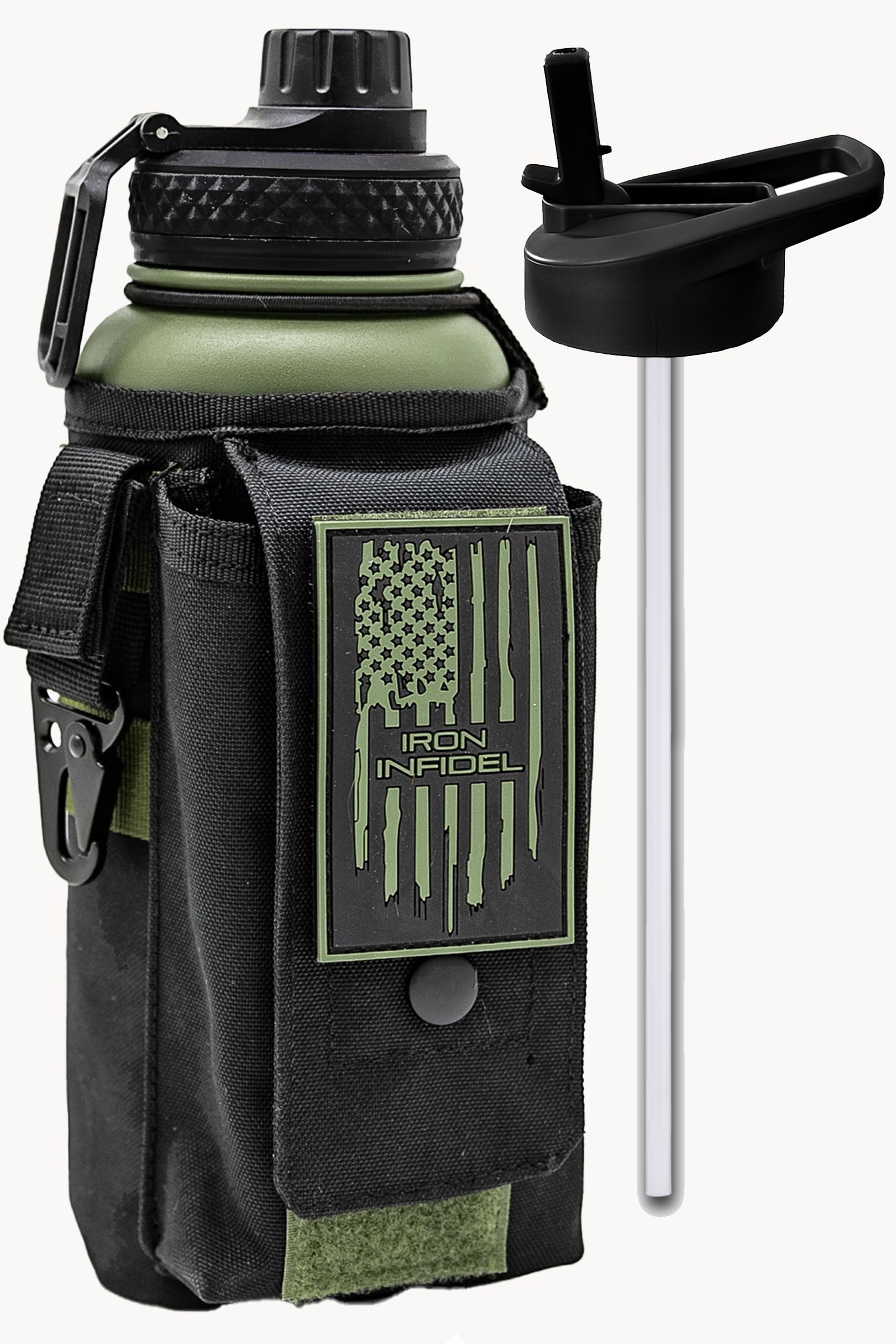 Iron Infidel Battle Bottle - One Gallon Insulated Water Bottle with Dual Carry Handles - 128 oz Tactical Stainless Steel Water Jug & Rugged Extra Large Sleeve with Storage (Black Camo 128 Ounces)