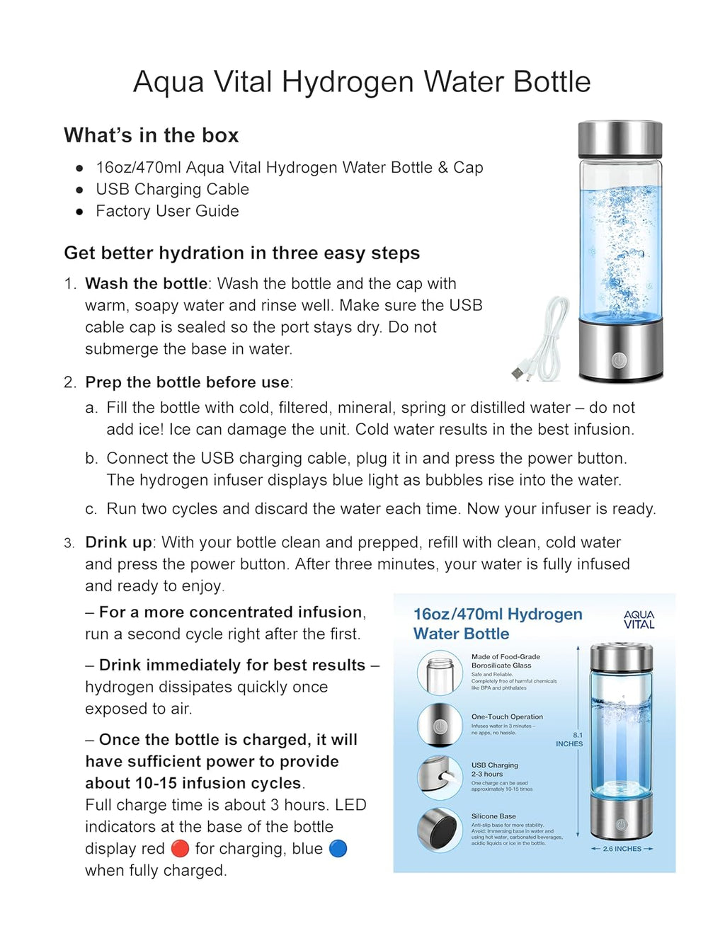 Aqua Vital Hydrogen Water Bottle 2025 Generator 16 oz/470 ml SPE-PEM Ionized H₂ Hydration Bottle USB-C Rechargeable Glass Flask with Auto Shut-Off Portable Sports & Travel Hydrogenated Water Machine