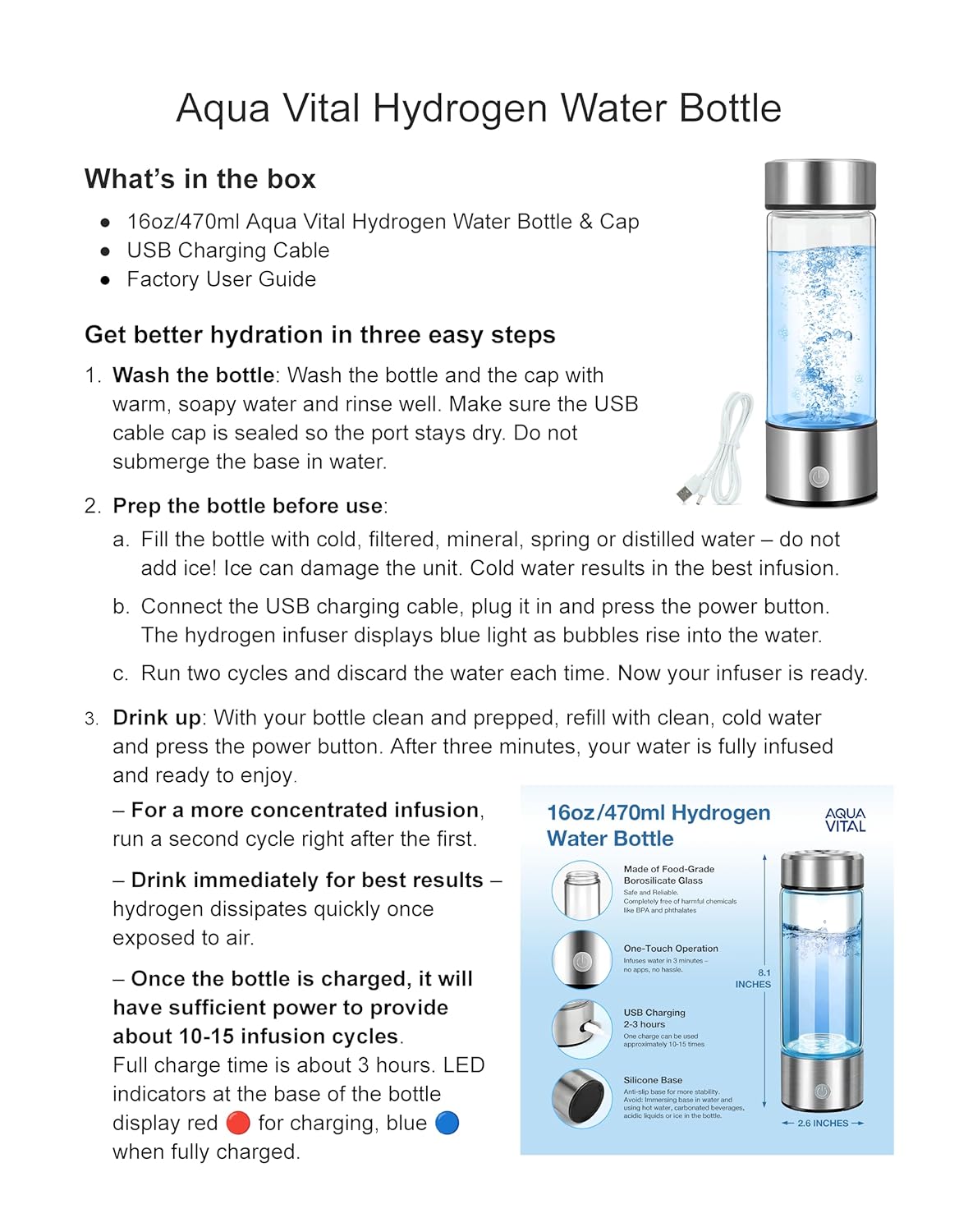 Aqua Vital Hydrogen Water Bottle 2025 Generator 16 oz/470 ml SPE-PEM Ionized H₂ Hydration Bottle USB-C Rechargeable Glass Flask with Auto Shut-Off Portable Sports & Travel Hydrogenated Water Machine