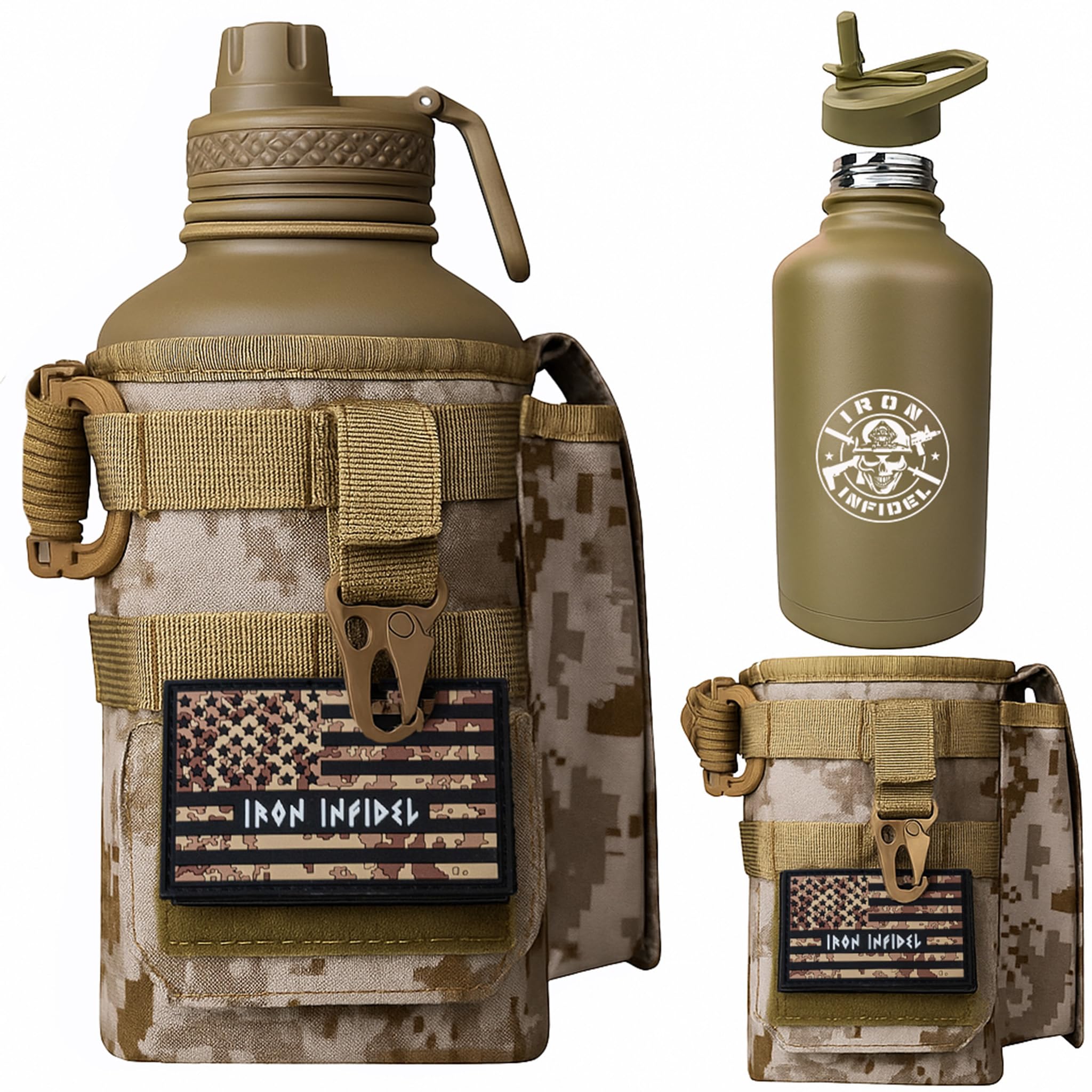 Iron Infidel Battle Bottle - One Gallon Insulated Water Bottle with Dual Carry Handles - 128 oz Tactical Stainless Steel Water Jug & Rugged Extra Large Sleeve with Storage (Black Camo 128 Ounces)