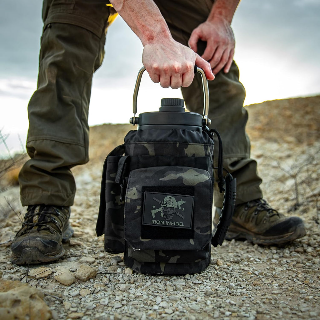 Iron Infidel Battle Bottle - One Gallon Insulated Water Bottle with Dual Carry Handles - 128 oz Tactical Stainless Steel Water Jug & Rugged Extra Large Sleeve with Storage (Black Camo 128 Ounces)