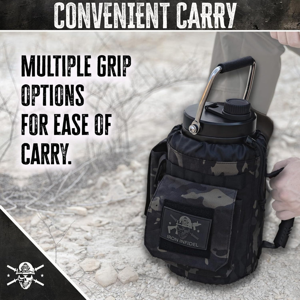 Iron Infidel Battle Bottle - One Gallon Insulated Water Bottle with Dual Carry Handles - 128 oz Tactical Stainless Steel Water Jug & Rugged Extra Large Sleeve with Storage (Black Camo 128 Ounces)