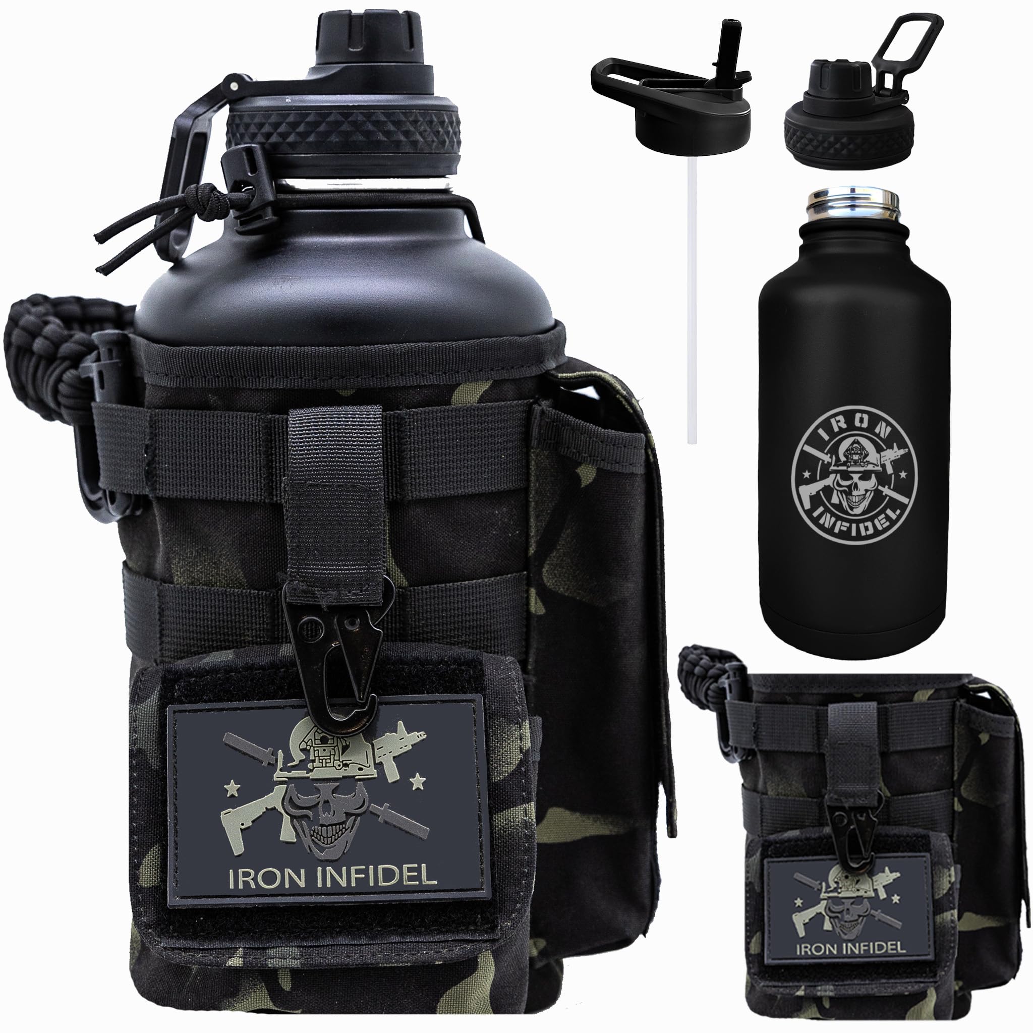 Iron Infidel Battle Bottle - One Gallon Insulated Water Bottle with Dual Carry Handles - 128 oz Tactical Stainless Steel Water Jug & Rugged Extra Large Sleeve with Storage (Black Camo 128 Ounces)