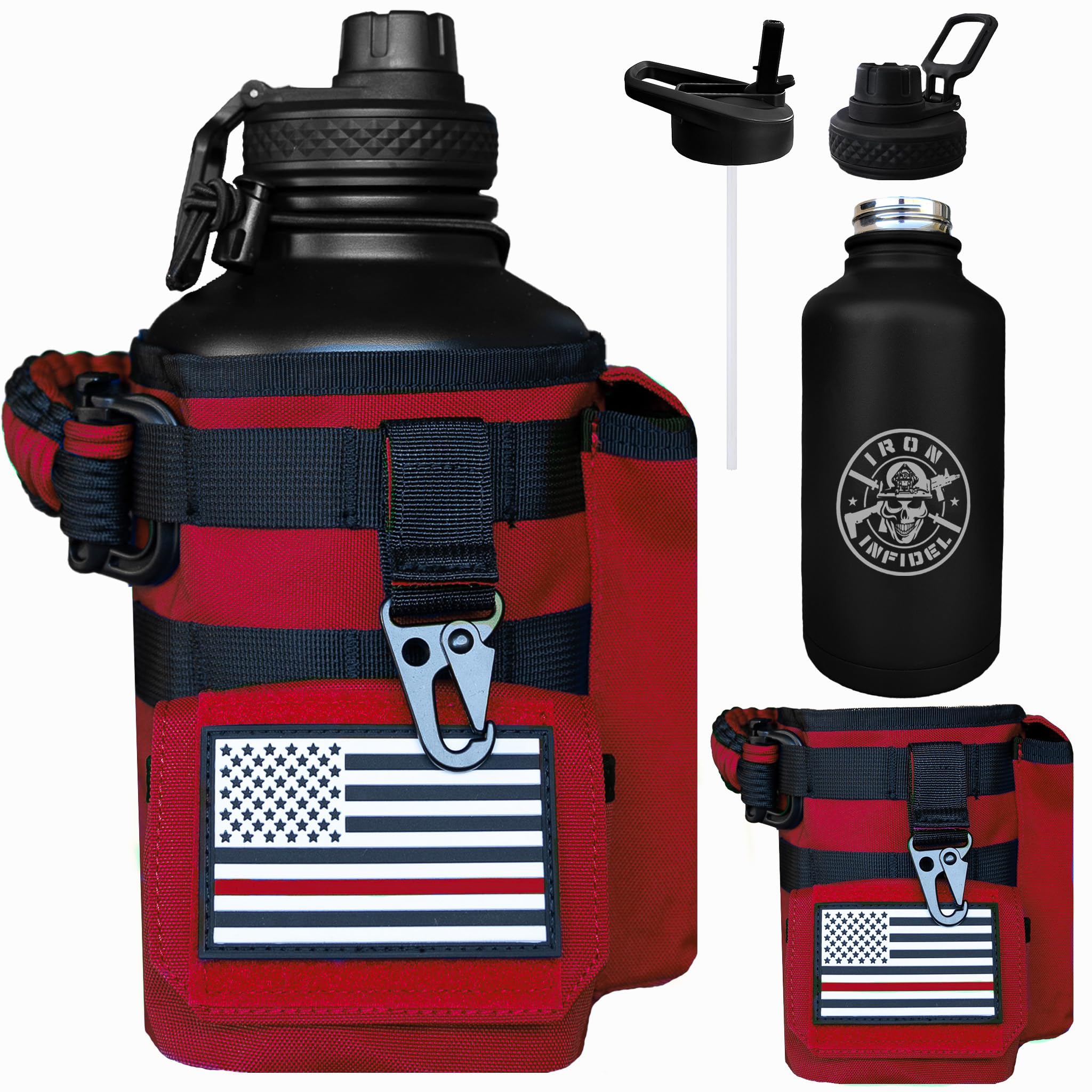 Iron Infidel Battle Bottle - One Gallon Insulated Water Bottle with Dual Carry Handles - 128 oz Tactical Stainless Steel Water Jug & Rugged Extra Large Sleeve with Storage (Black Camo 128 Ounces)